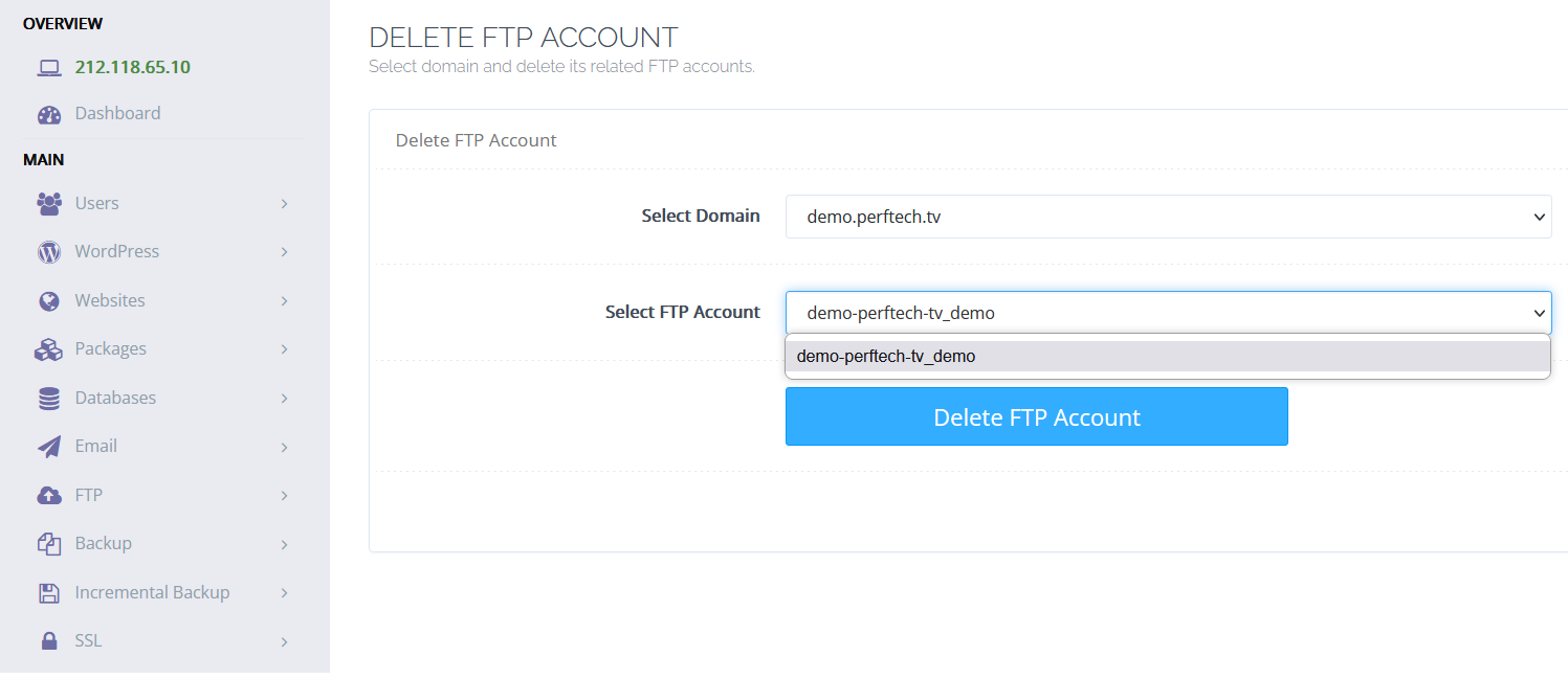 Delete FTP Account first step